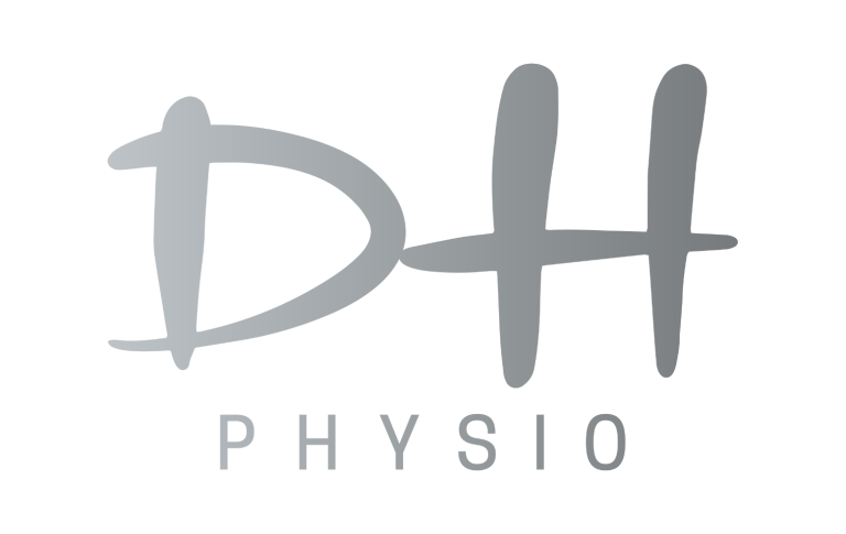 DH Physio Logo von DH Physio in grauer Schrift mit stilisierten Buchstaben.